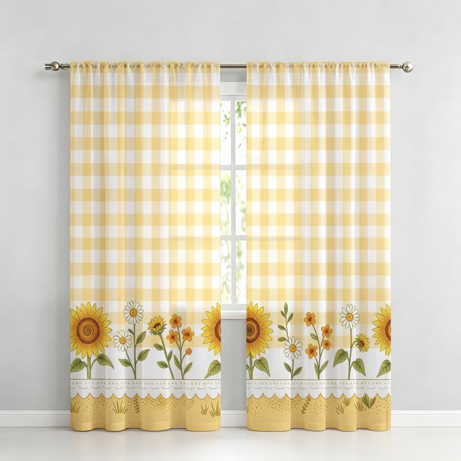 Home Textiles Plaid - 2PCS Digital Print Sheer Curtain, Yellow